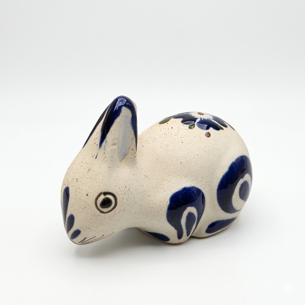Vintage Ken Edwards Tonala Mexico Pottery Rabbit Figurine Signed Blue Floral 6"